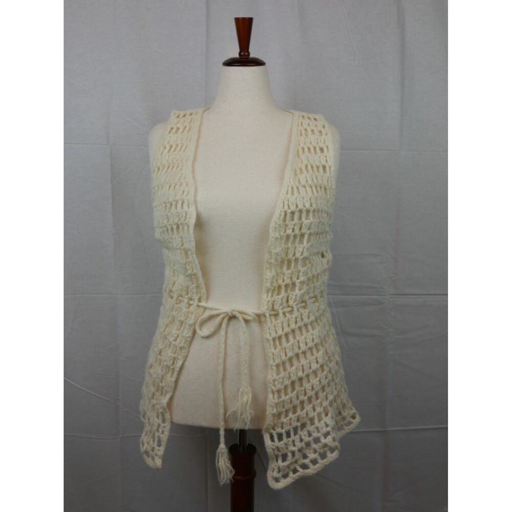 Vintage Handmade Crochet Long Vest Cream Open Tie Front Sleeveless Size Medium